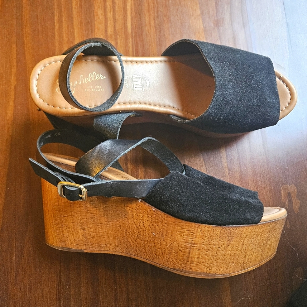 SEYCHELLES PLATFORM WEDGE IN BLACK SUEDE LEATHER US7.5 EU39 PEEP TOE SANDAL